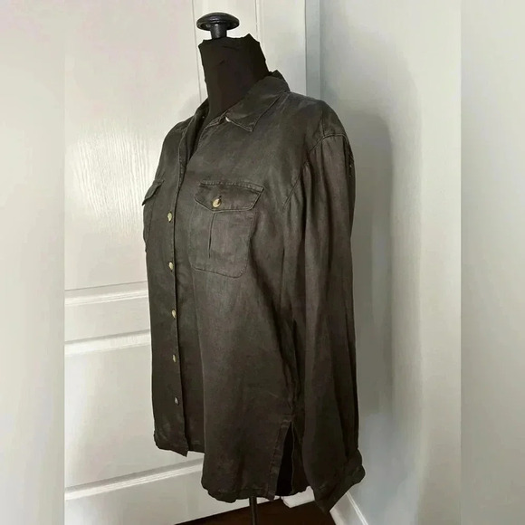 Rafaella Petites 100% Linen Two Pocket‎ Button Up Gray Tunic Top Shirt Sz Small - Picture 2 of 6